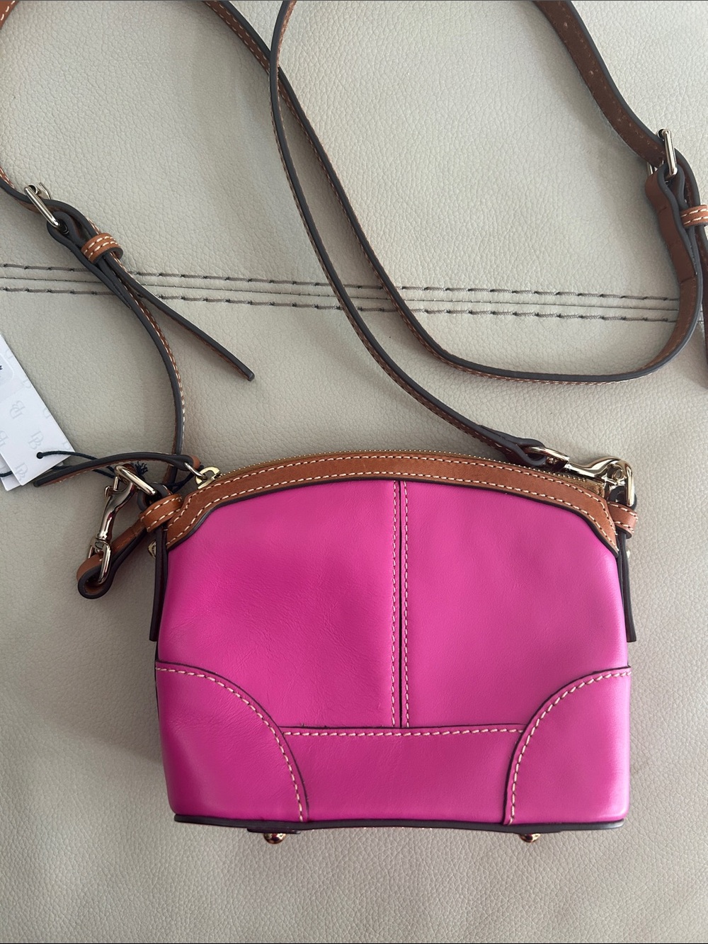 Dooney & Bourke Pink Leather Crossbody with Brown Trim - Picture 5 of 9